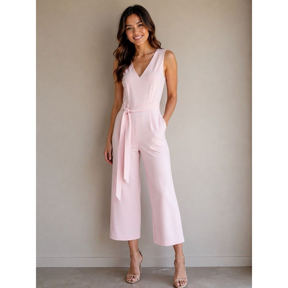 Jumpsuit  Calvin Klein Light Pink Sleeveless Belted Wide-Leg Size 8 With Pockets
